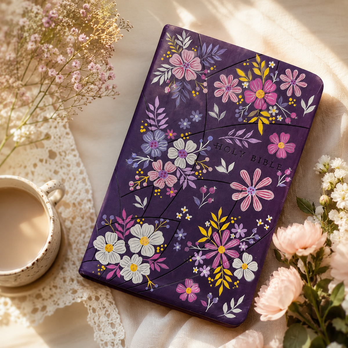 Handpainted NLT Bible - Pretty purple florals design