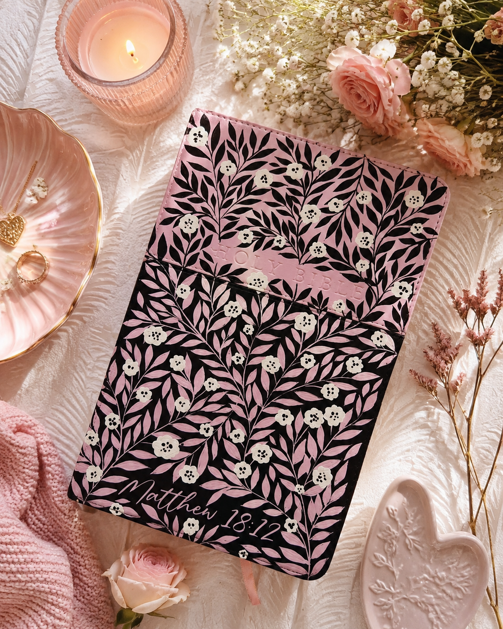 Handpainted NLT Bible - two tone pink and brown vine design
