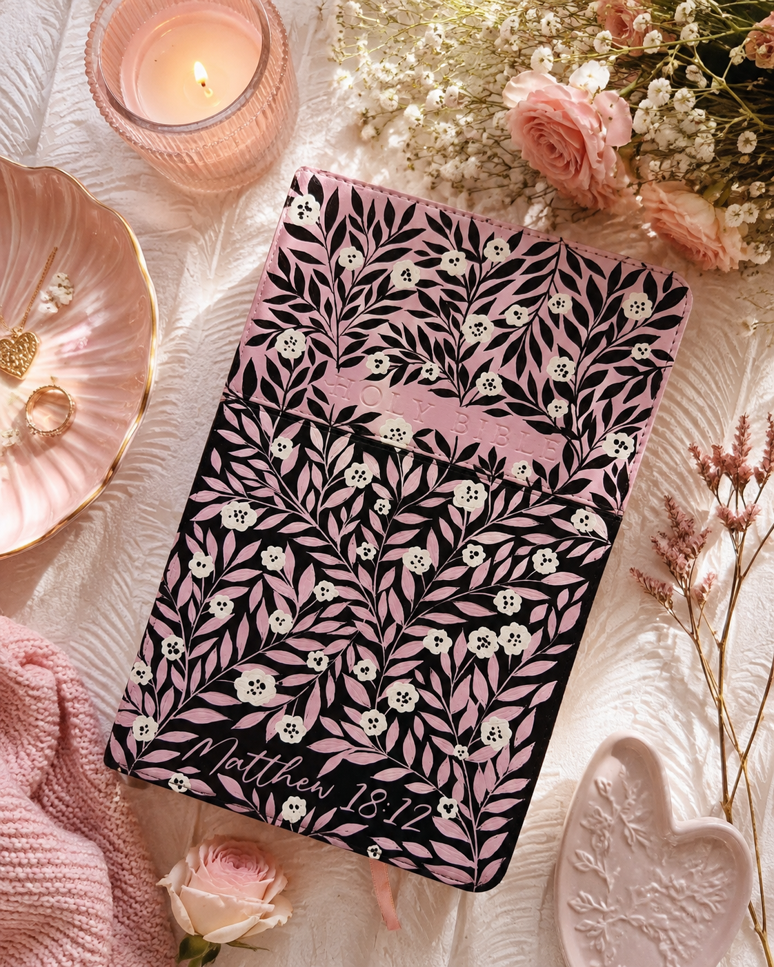 Handpainted NLT Bible - two tone pink and brown vine design