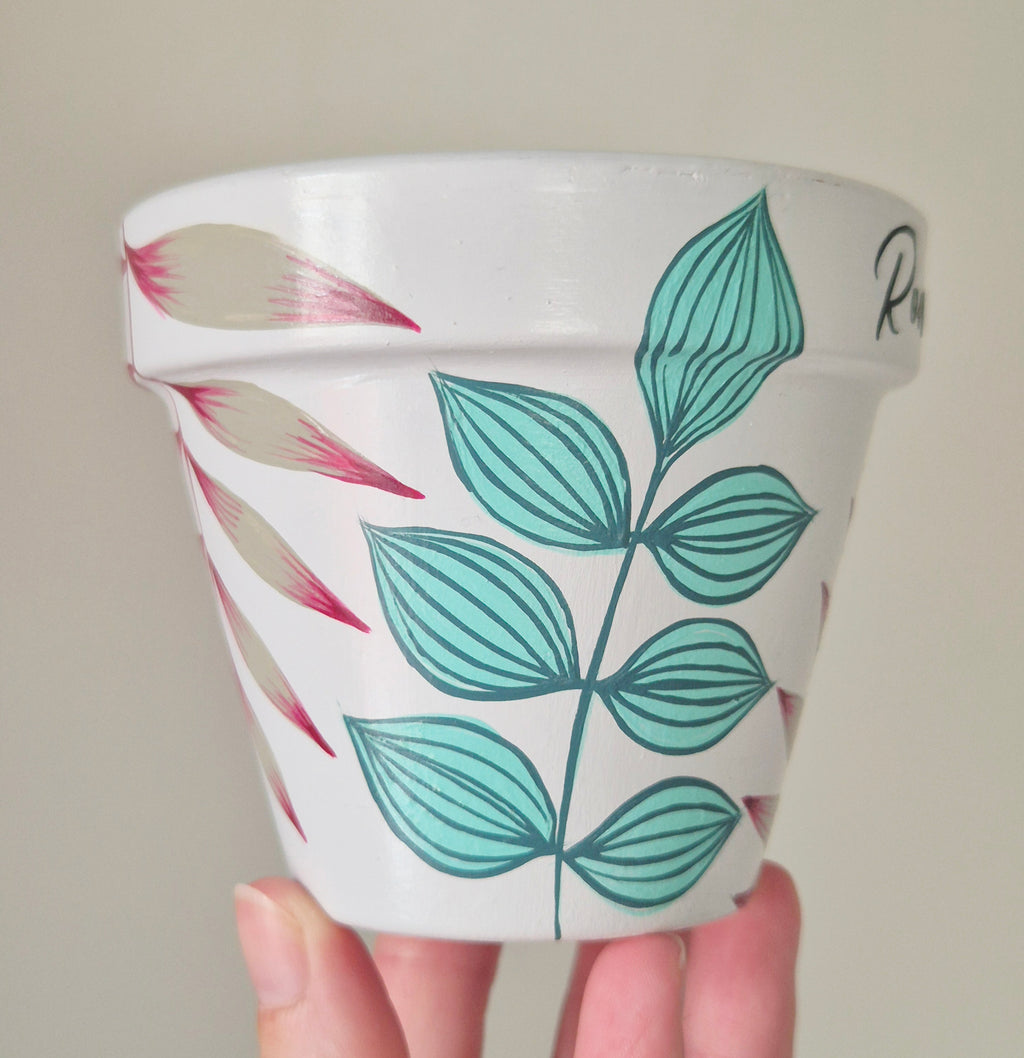 Hand-painted 9cm Terracotta Pot- Romans 5:5 , Tropical leaves design