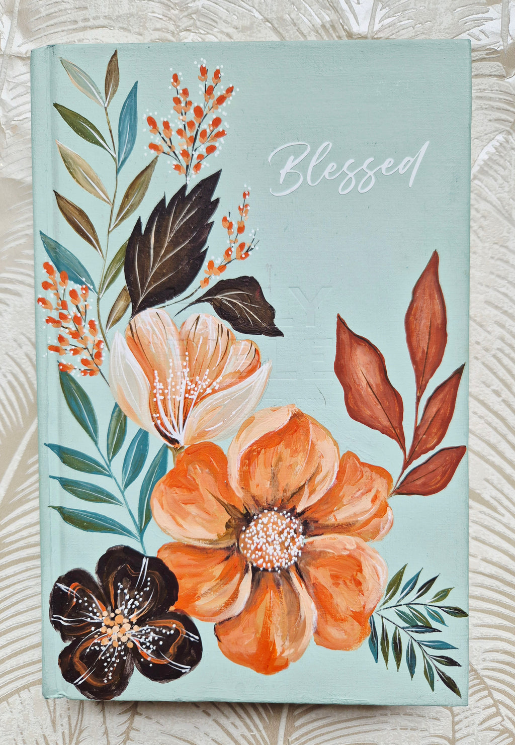 Handpainted NIV Bible - Blessed - autumnal tone flowers and leaves.