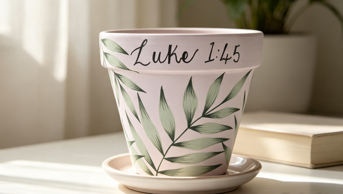 Hand-painted 11cm Terracotta Pot- Palm/fern leaf design