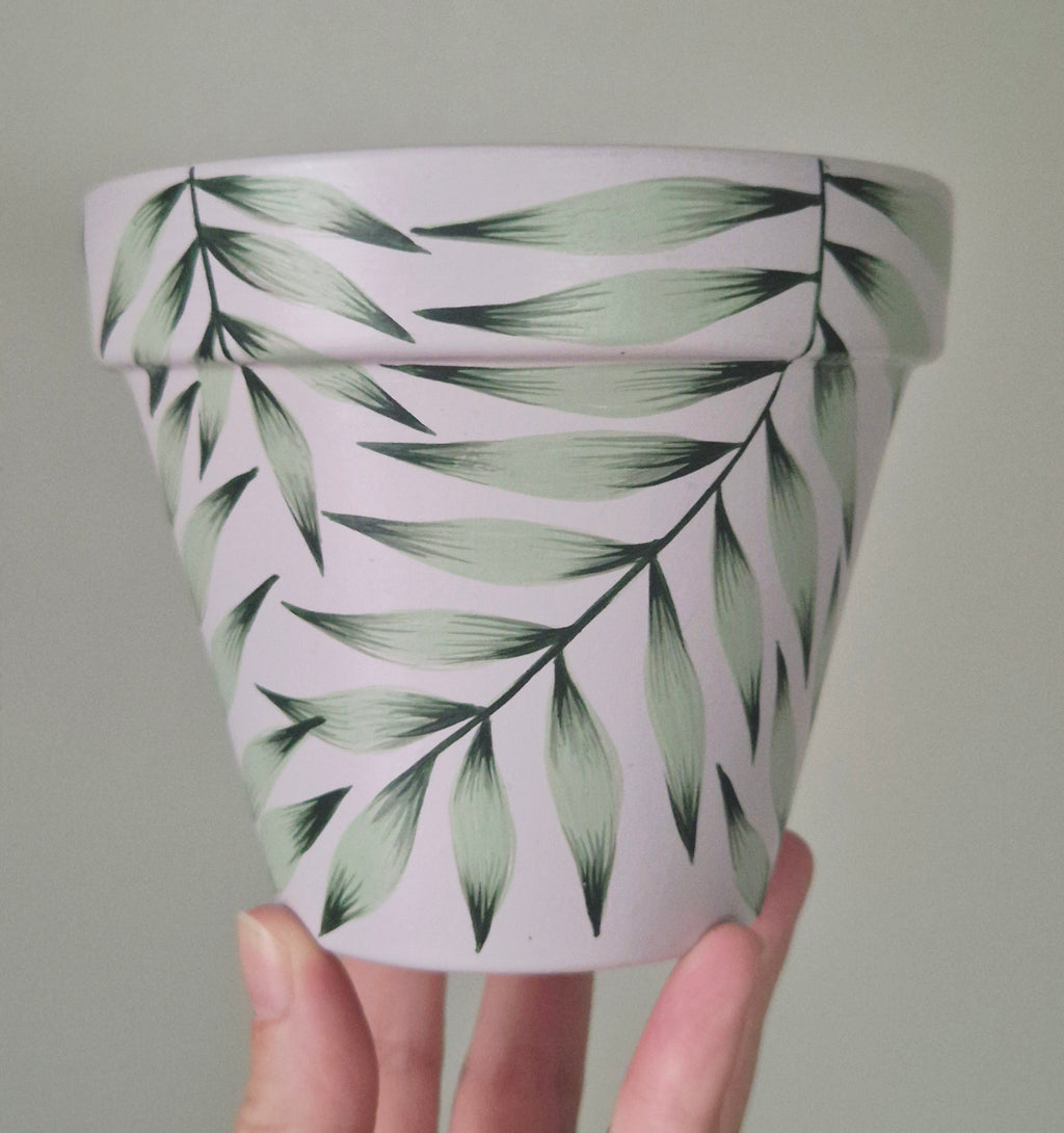 Hand-painted 11cm Terracotta Pot- Palm/fern leaf design