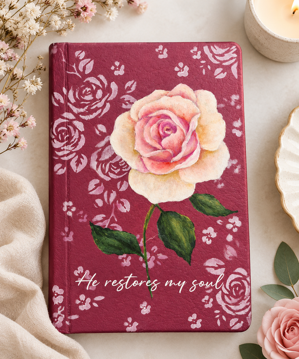 Handpainted KJV Bible - Rose design , He restores my soul