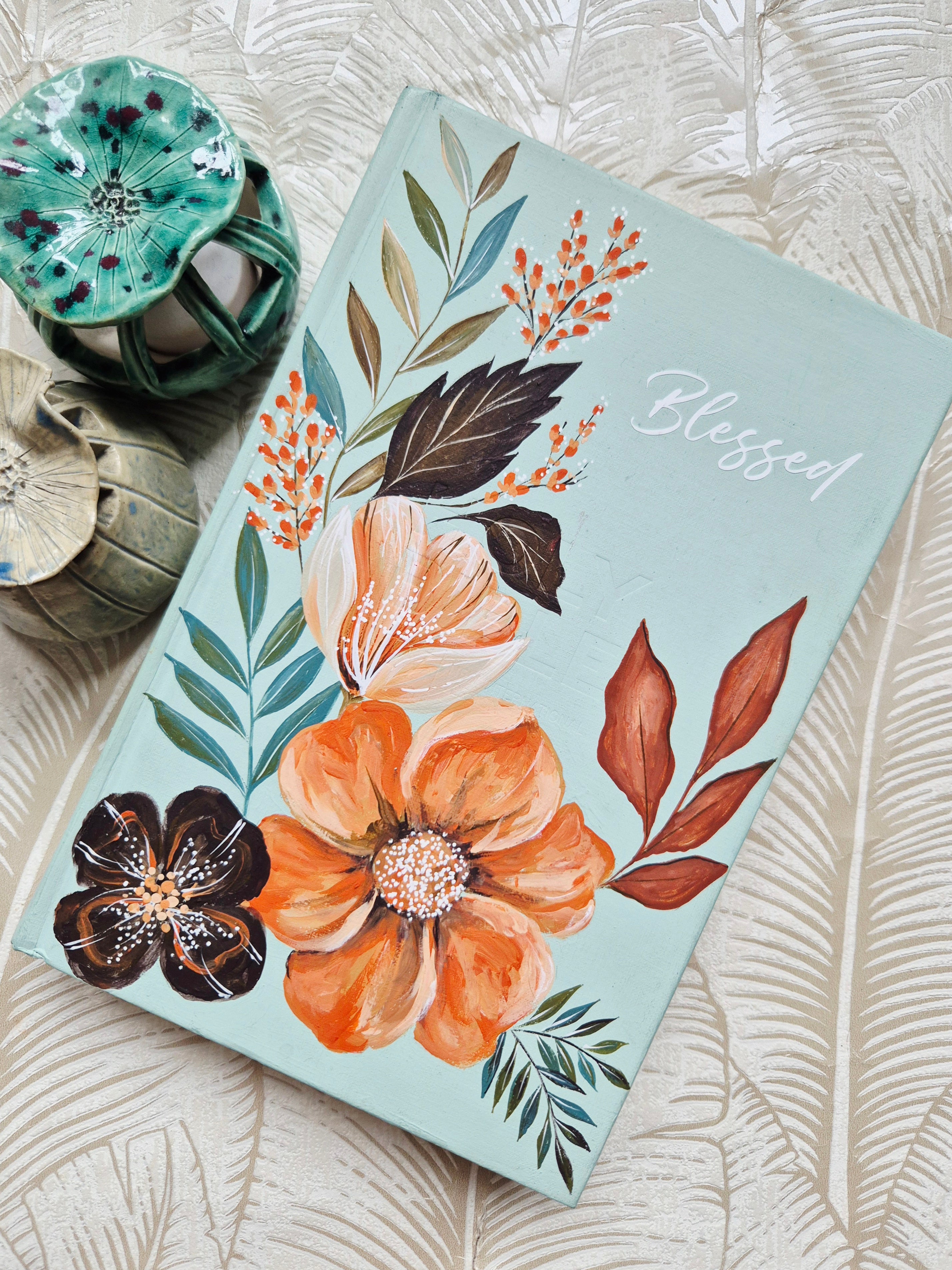 Handpainted NIV Bible - Blessed - autumnal tone flowers and leaves.
