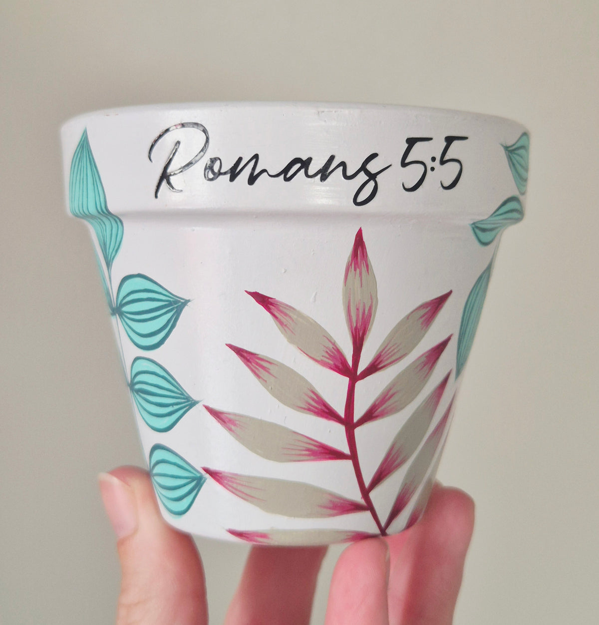 Hand-painted 9cm Terracotta Pot- Romans 5:5 , Tropical leaves design