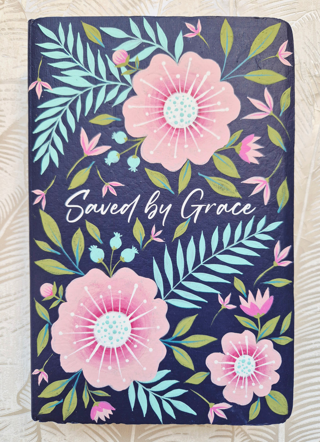 Handpainted NCV Bible - Saved by grace, tropical flowers and leaves design