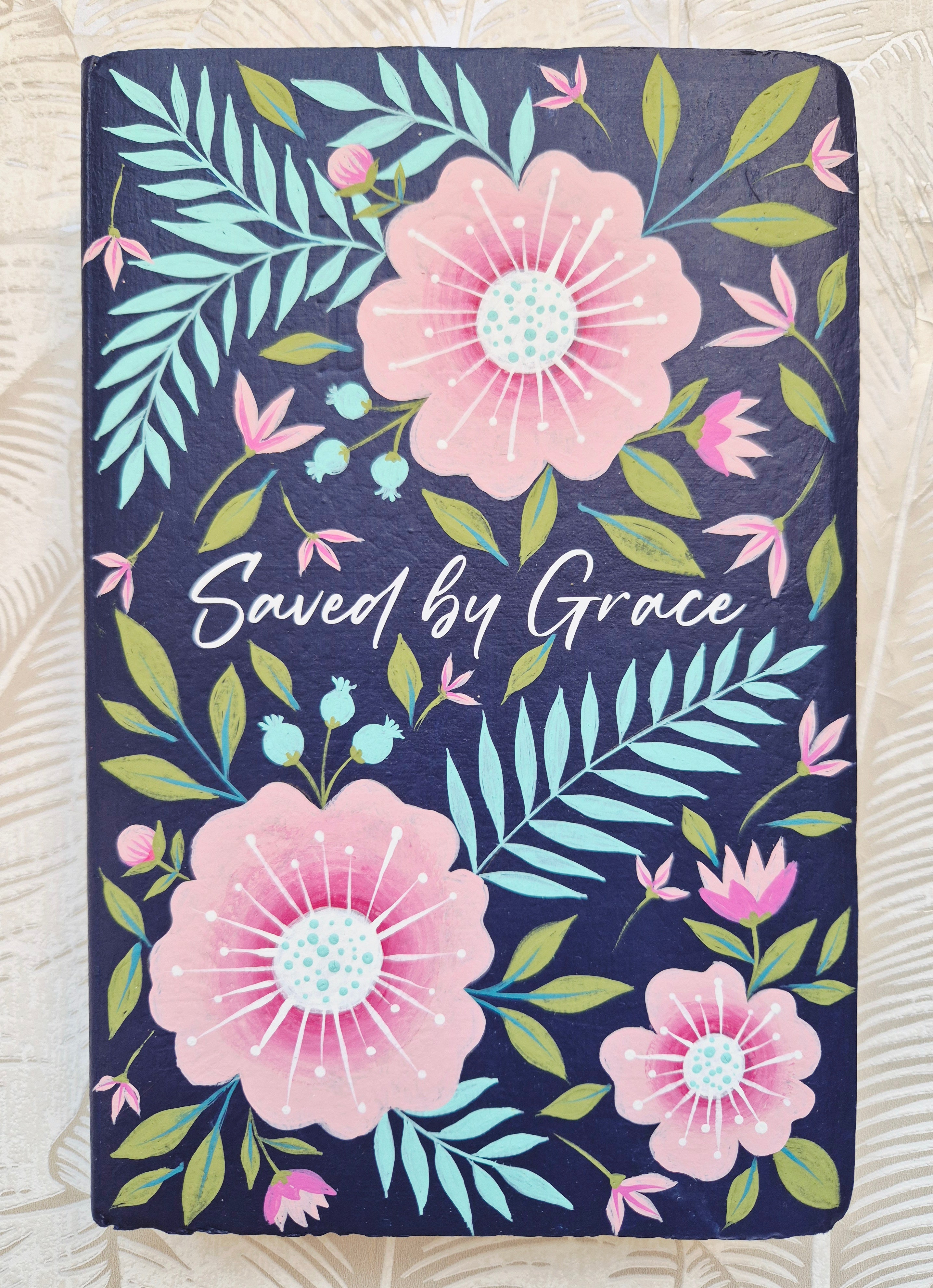 Handpainted NCV Bible - Saved by grace, tropical flowers and leaves design