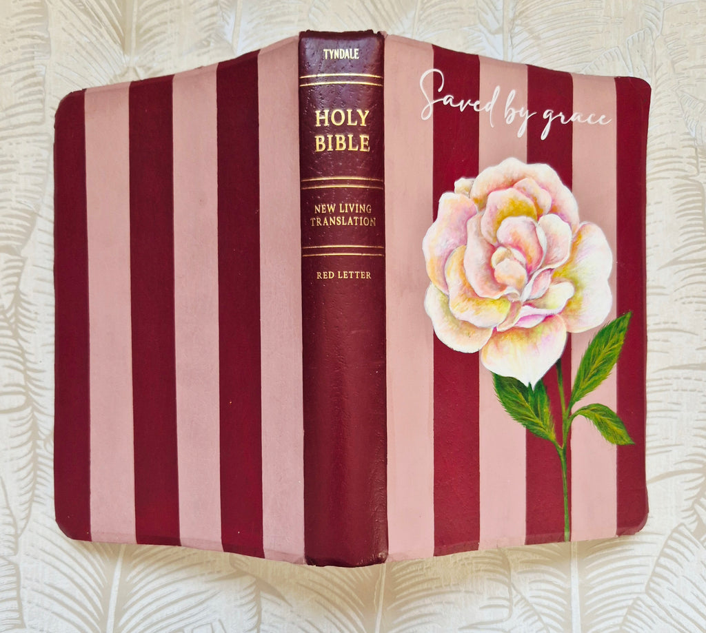 Handpainted NLT Bible - Saved by Grace with Rose flower