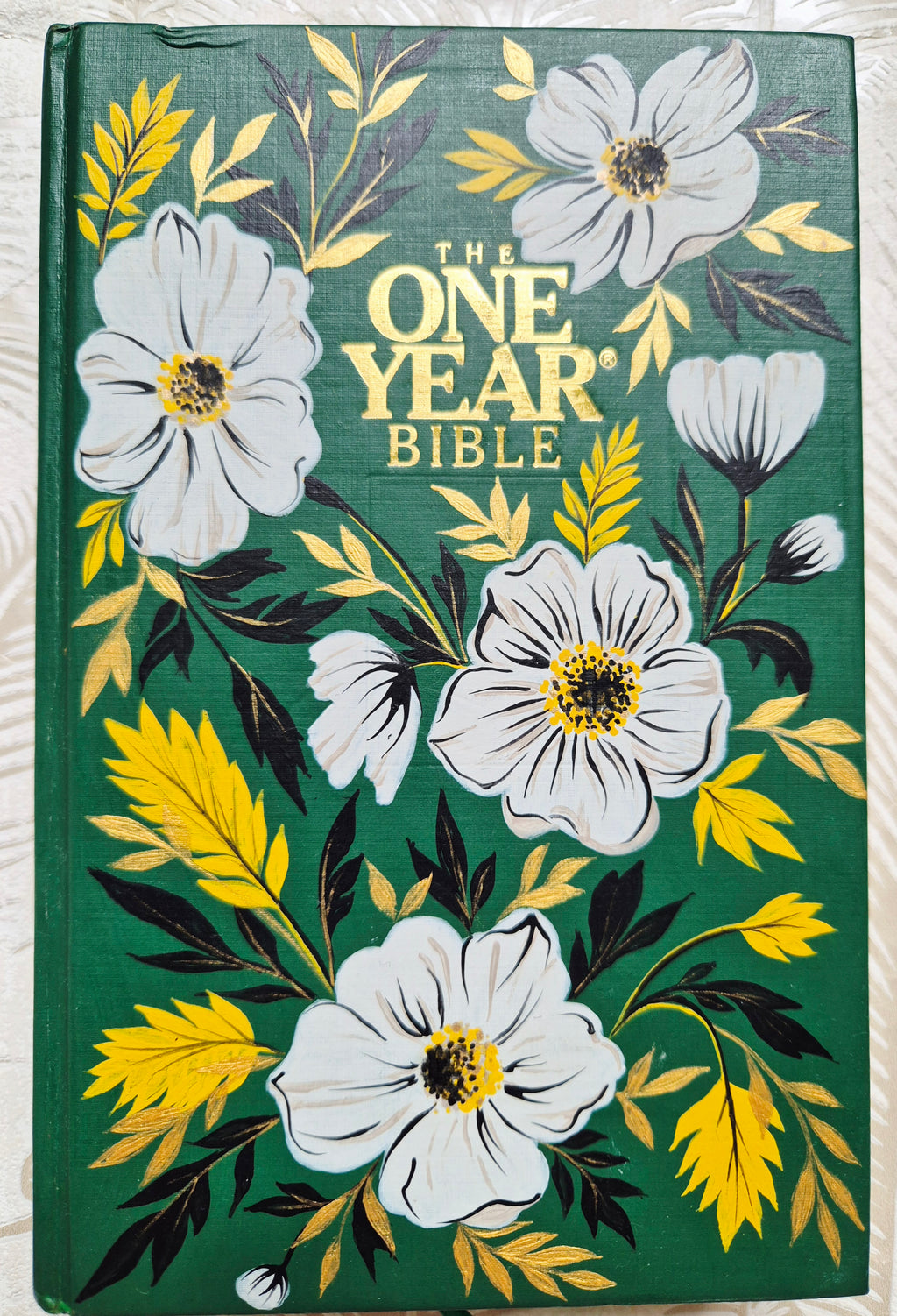Handpainted Bible in One year - cream and gold floral design
