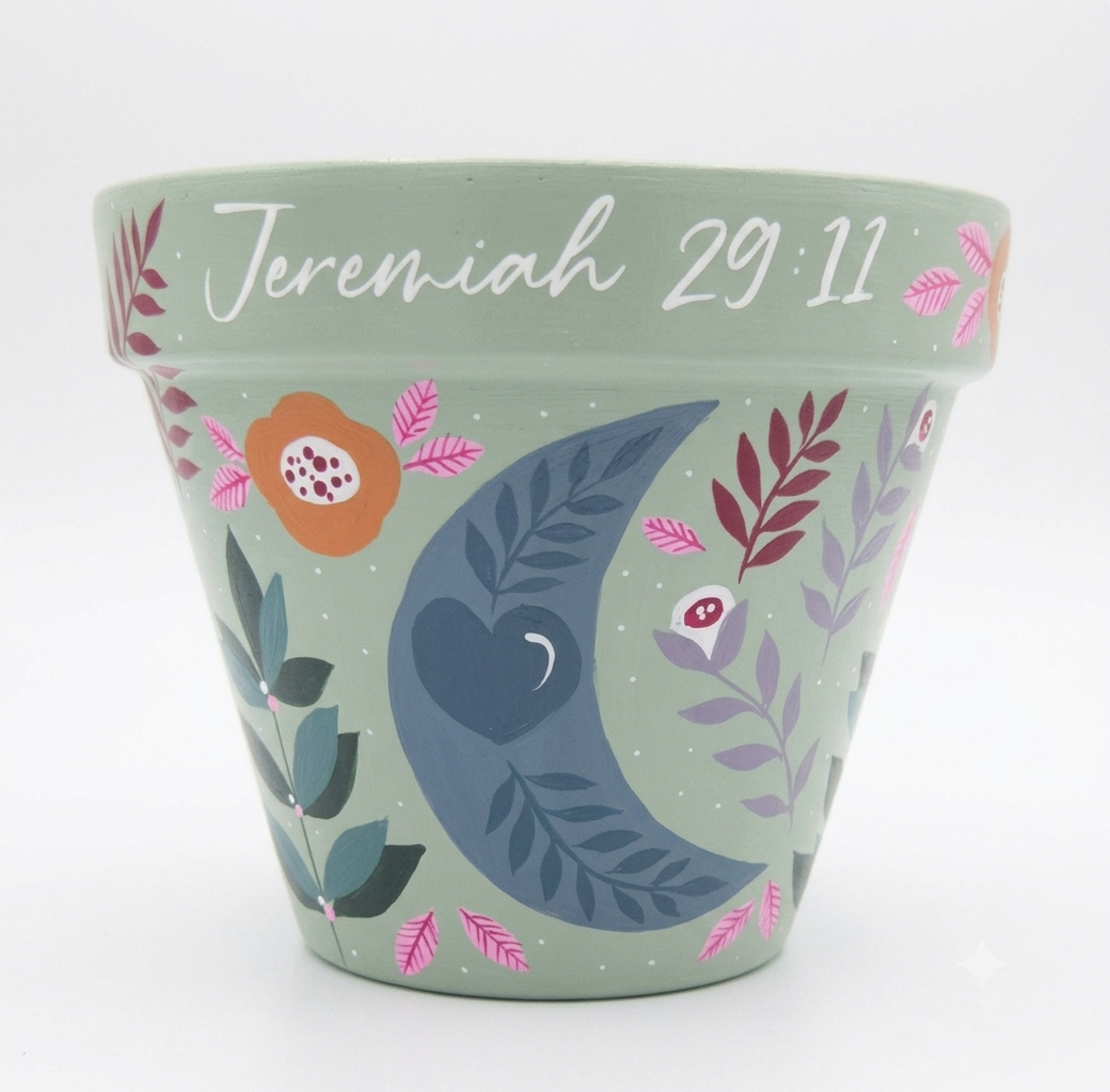 Hand-painted 13cm Terracotta Pot- moon design