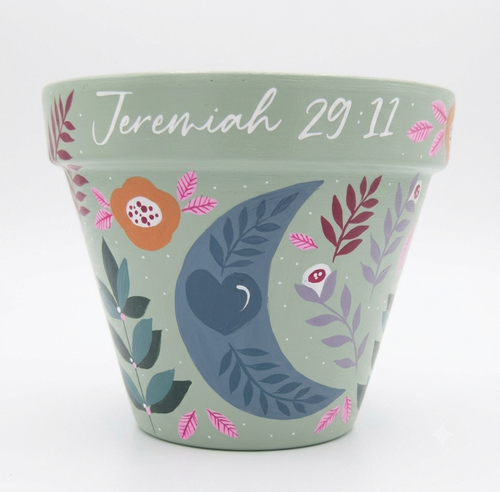 Hand-painted 13cm Terracotta Pot- moon design