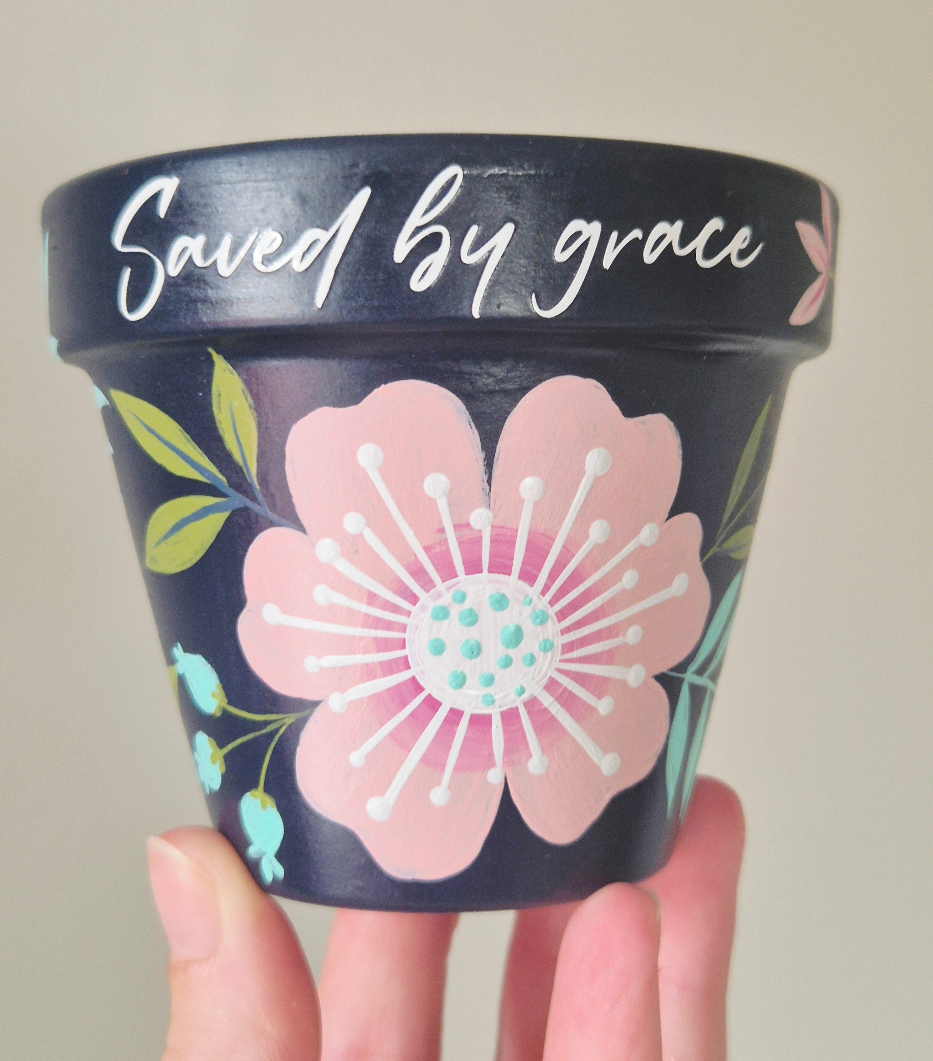 Hand-painted 9cm Terracotta Pot-Saved by grace