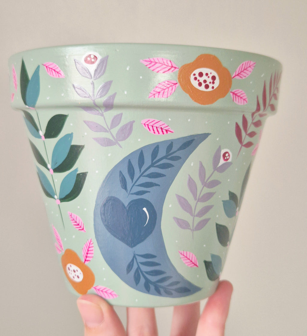 Hand-painted 13cm Terracotta Pot- moon design