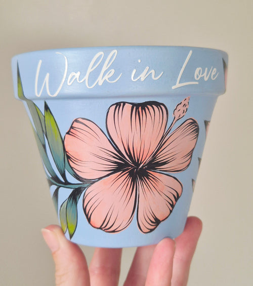 Hand-painted 11cm Terracotta Pot- Walk in love