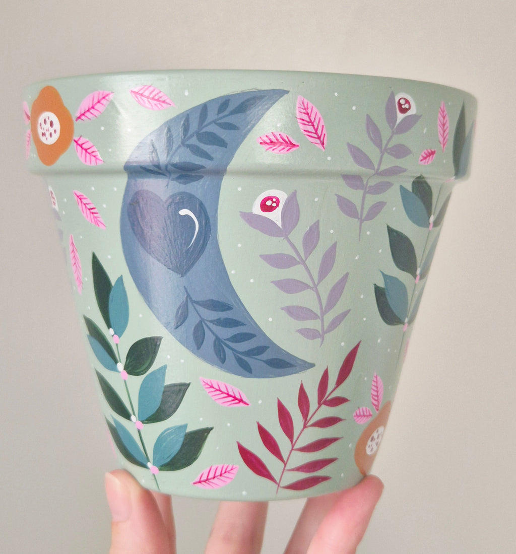 Hand-painted 13cm Terracotta Pot- moon design
