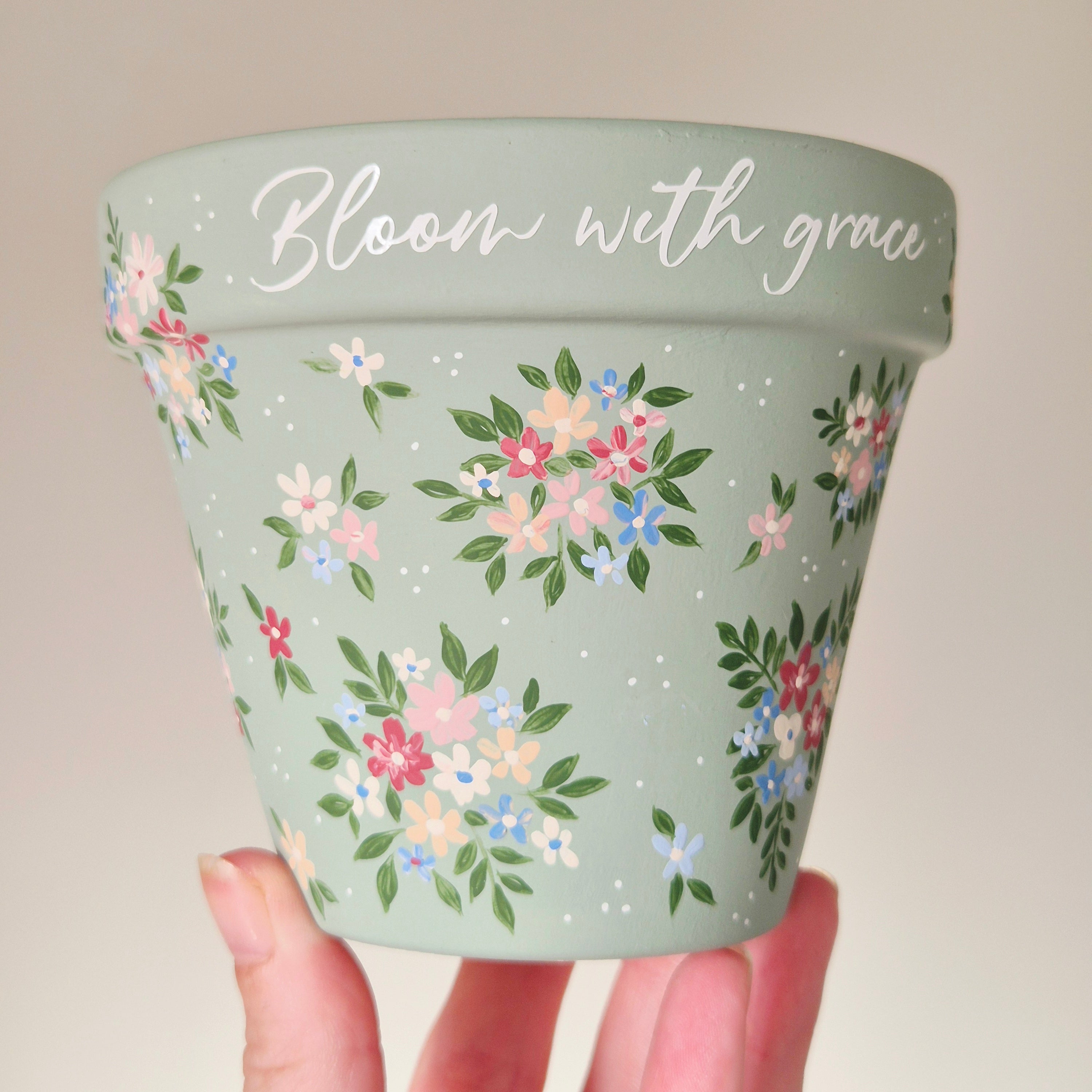 Hand-painted 11cm Terracotta Pot- Bloom with Grace