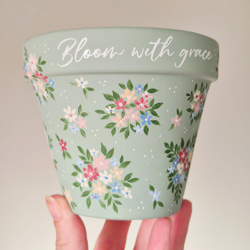 Hand-painted 11cm Terracotta Pot- Bloom with Grace