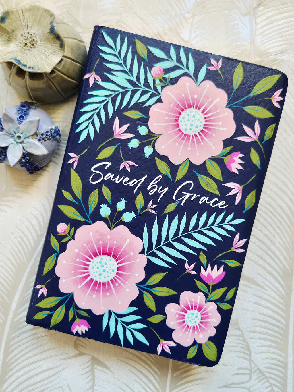Handpainted NCV Bible - Saved by grace, tropical flowers and leaves design