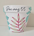 Hand-painted 9cm Terracotta Pot- Romans 5:5 , Tropical leaves design