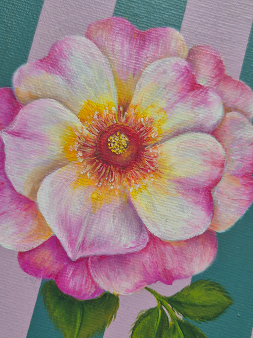 Flowers of the Bible collection - Sunset Rose on teal and pink stripes