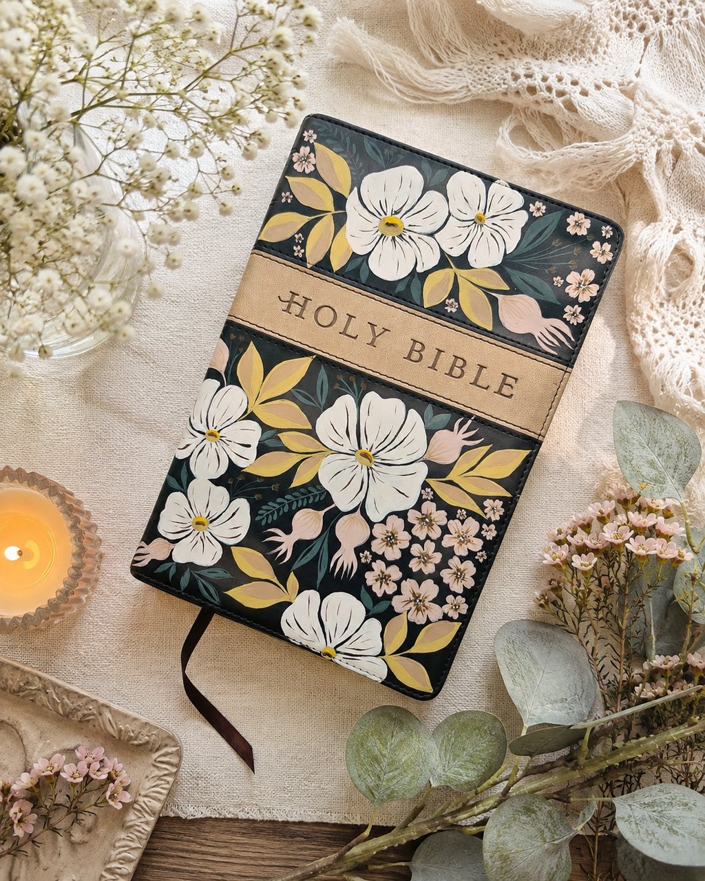 Handpainted NLT Bible - Neutral tone floral design