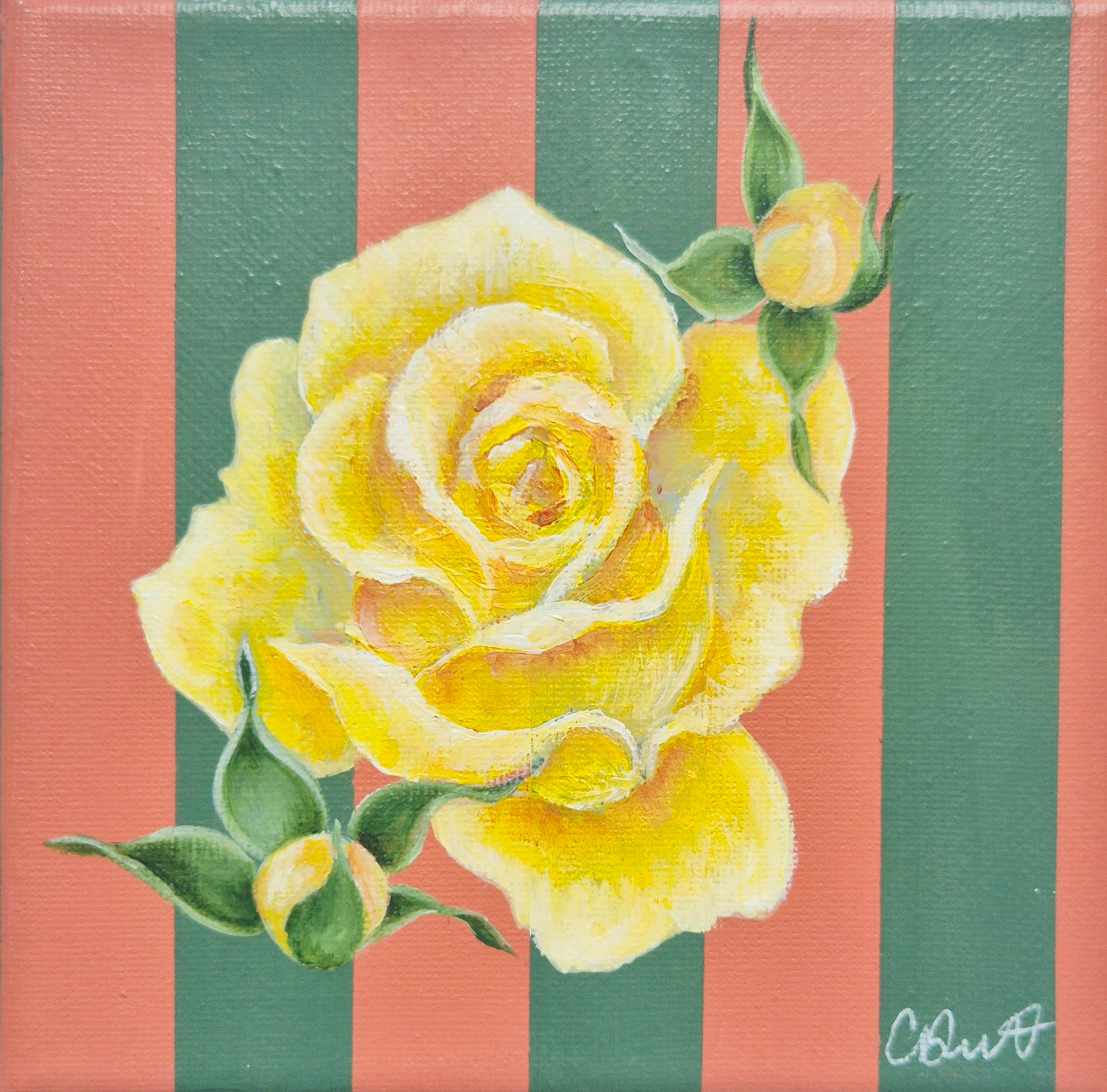 Flowers of the Bible collection - Yellow Rose on green and coral stripes