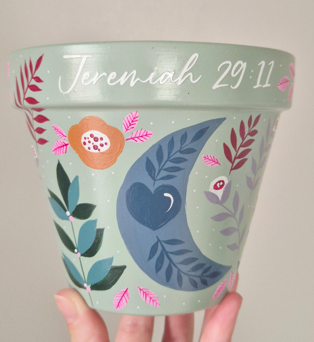 Hand-painted 13cm Terracotta Pot- moon design