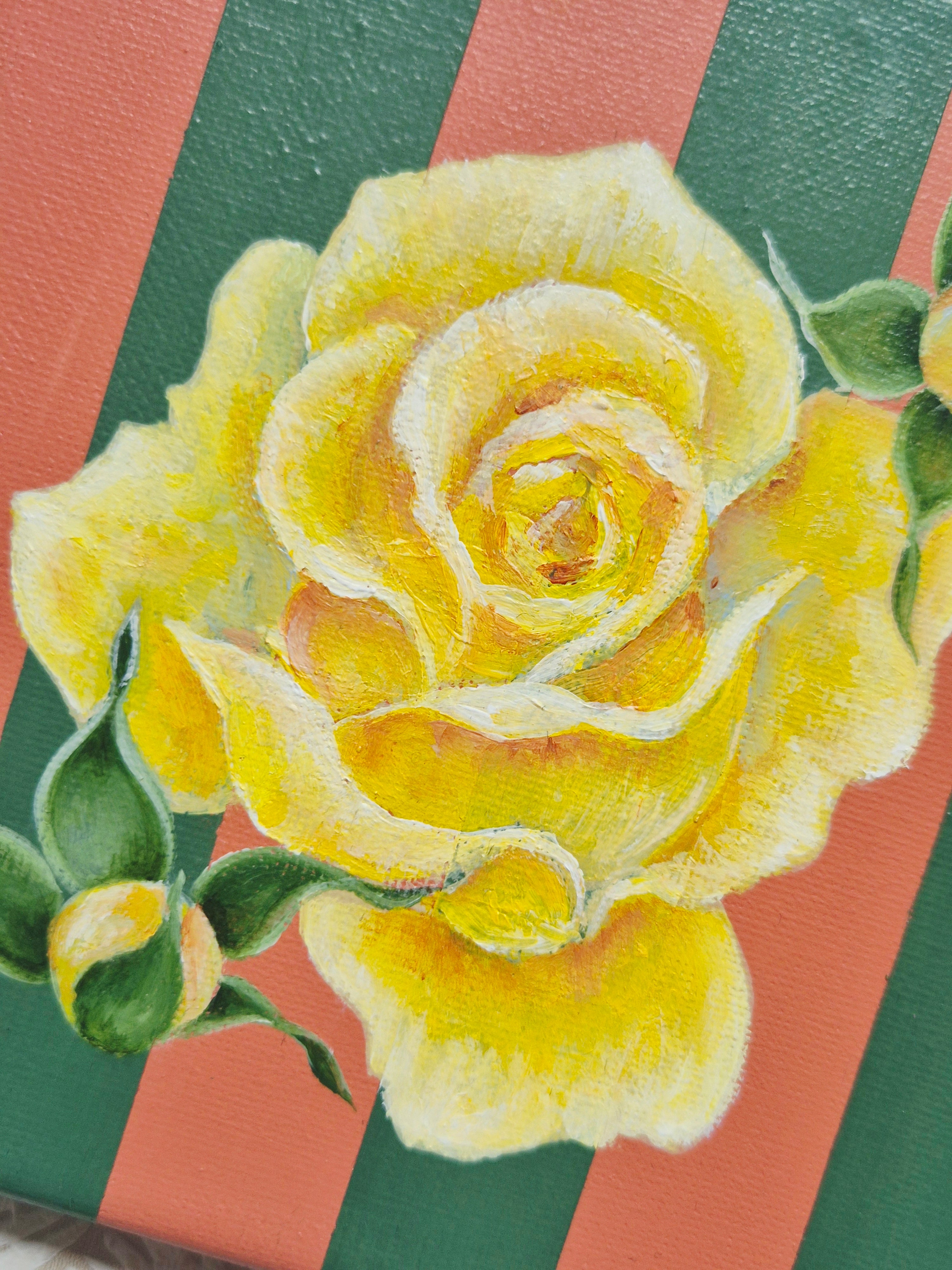 Flowers of the Bible collection - Yellow Rose on green and coral stripes