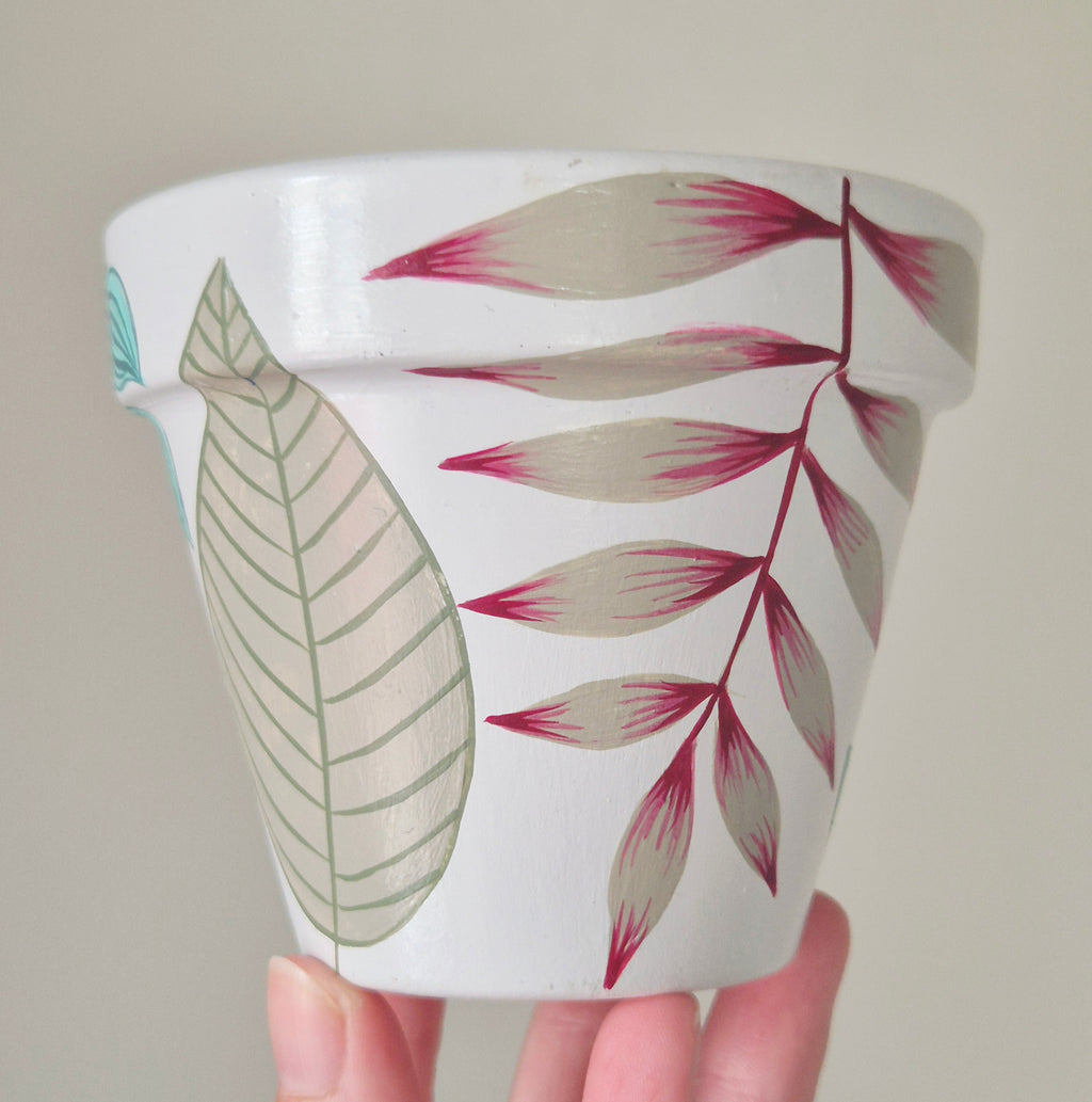 Hand-painted 9cm Terracotta Pot- Romans 5:5 , Tropical leaves design