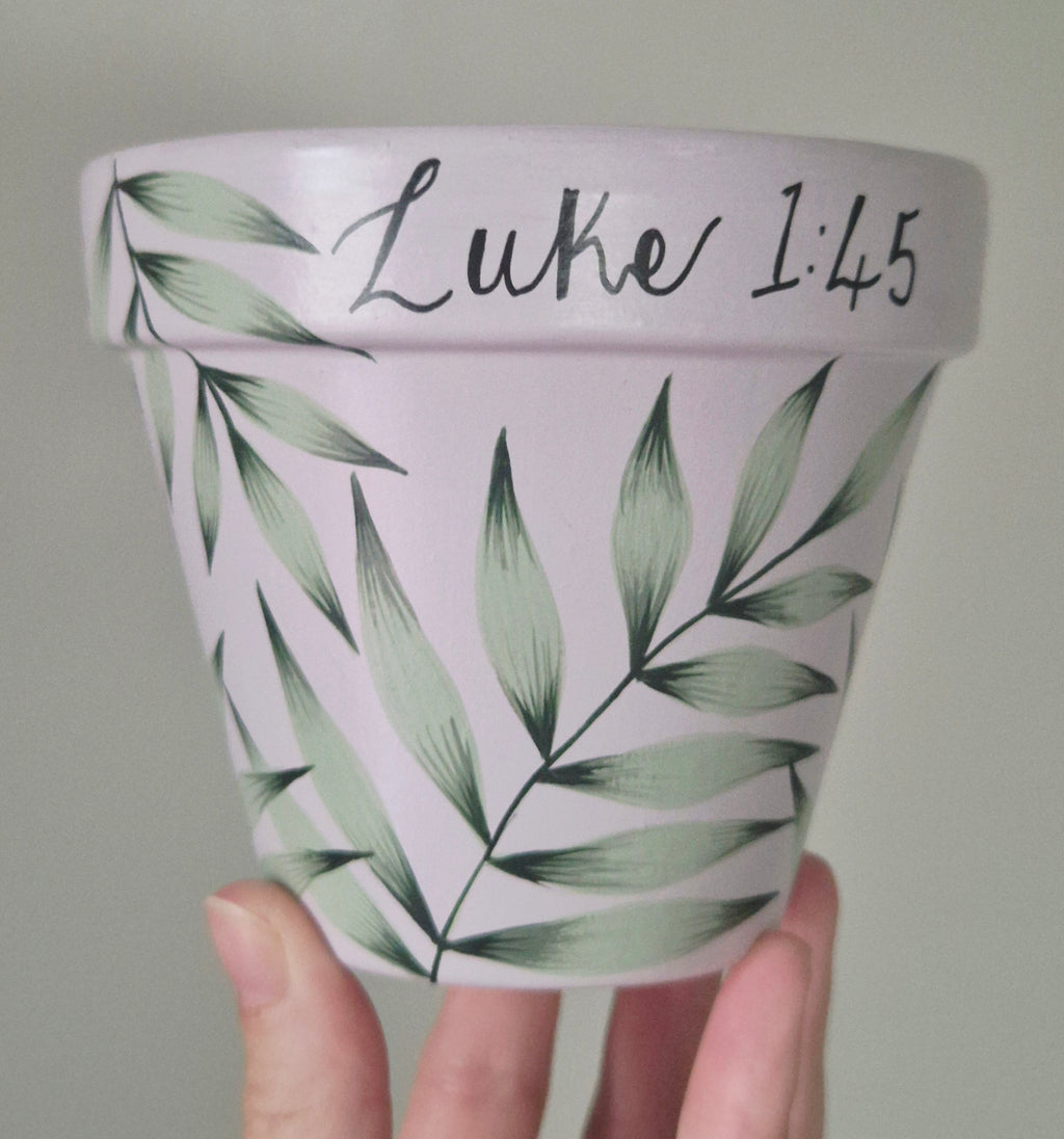 Hand-painted 11cm Terracotta Pot- Palm/fern leaf design
