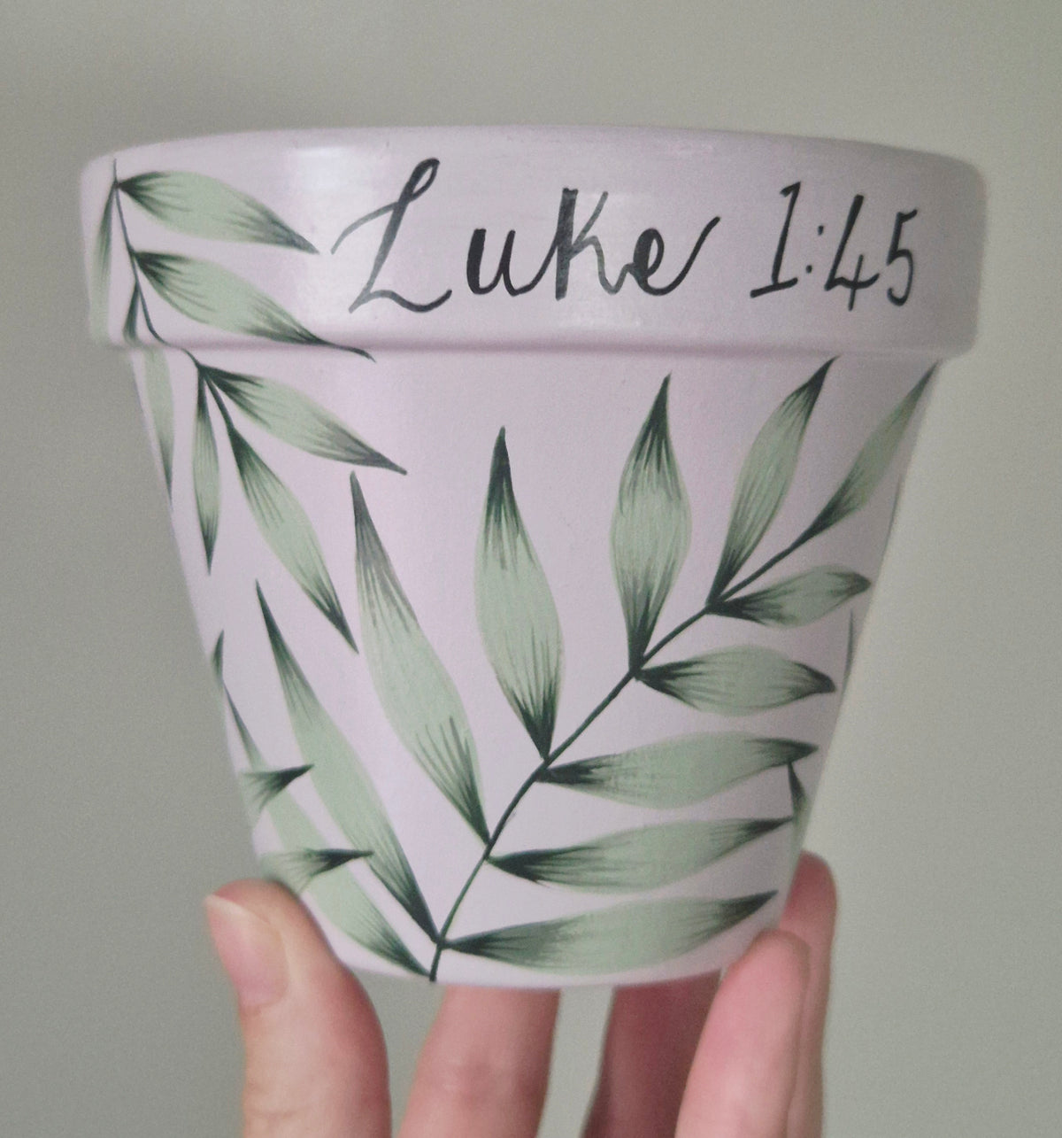 Hand-painted 11cm Terracotta Pot- Palm/fern leaf design