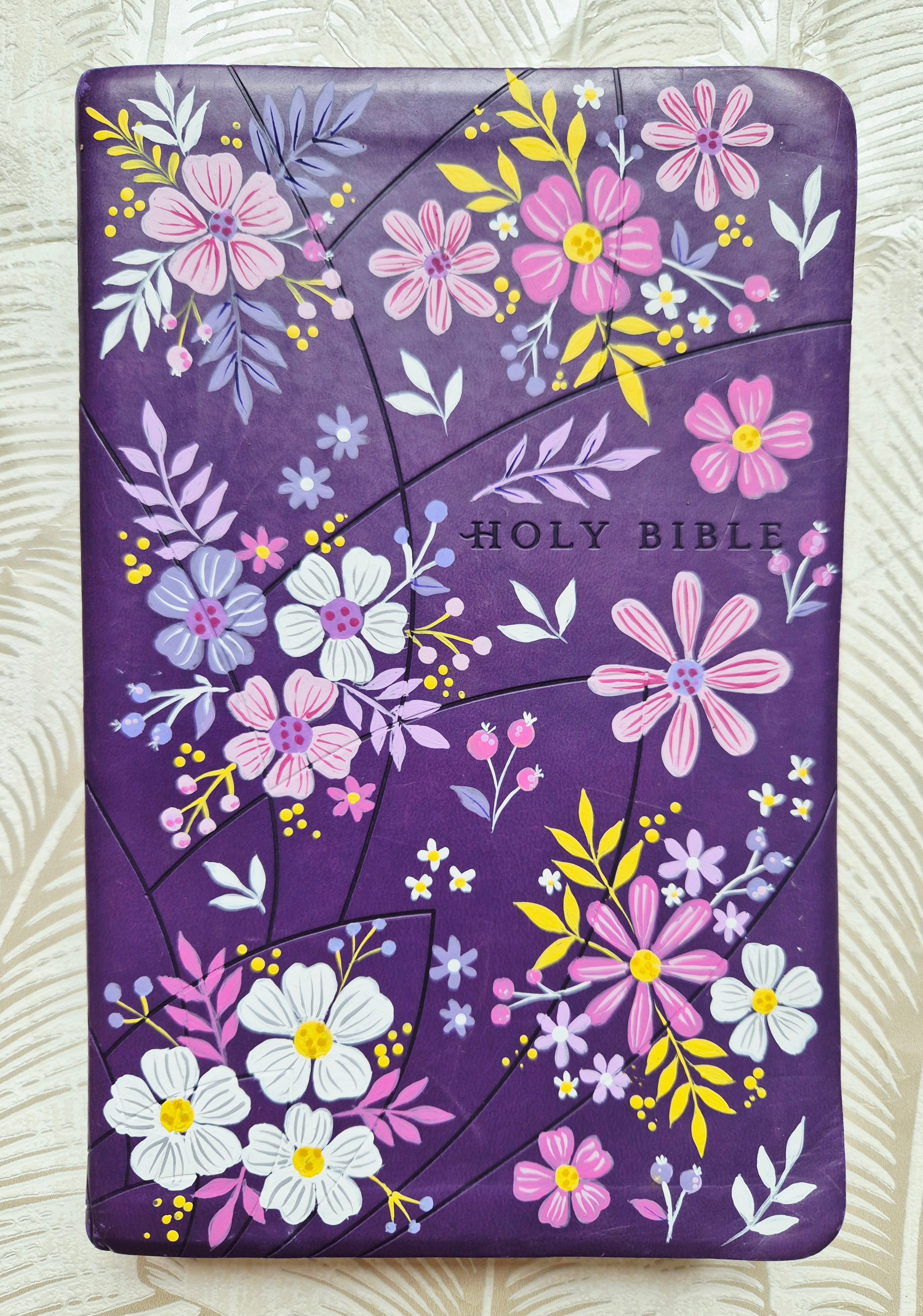 Handpainted NLT Bible - Pretty purple florals design